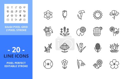 Zeilensymbole über Blumen und Pflanzen. Enthält Ikonen wie Rose, Gänseblümchen, Tulpe, Narzisse, Sakura und Kaktus. Essbarer Schlaganfall. Vektor - 64 Pixel perfektes Raster