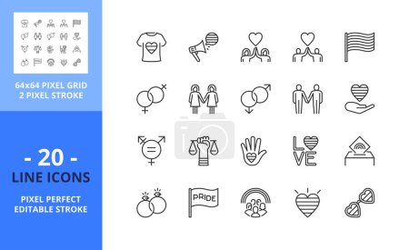 Téléchargez les illustrations : Icônes de ligne sur LGBTQIA +. Contient des icônes telles que l'amour, drapeau lgbt, jour de la fierté et la sexualité et la diversité des sexes. Course modifiable. Vecteur - grille parfaite de 64 pixels - en licence libre de droit