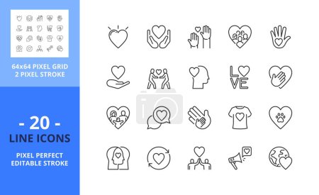 Iconos de línea sobre el amor. Contiene iconos como donación, amistad, cuidado, solidaridad y negocios éticos. Un derrame cerebral. Vector - 64 píxeles cuadrícula perfecta