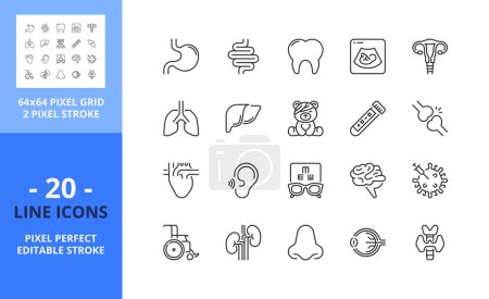 Téléchargez les illustrations : Icônes de ligne sur les spécialités médicales. Contient des icônes telles que les soins de santé, la virologie, la gynécologie, le cardiologue et les organes humains. Course modifiable. Vecteur - grille parfaite de 64 pixels - en licence libre de droit