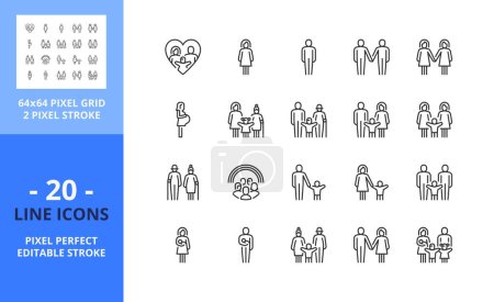 Ligne icônes sur les gens, les types de structures familiales. Contient des icônes telles que sans enfant, famille nucléaire ou parent unique. Course modifiable. Vecteur - grille parfaite de 64 pixels