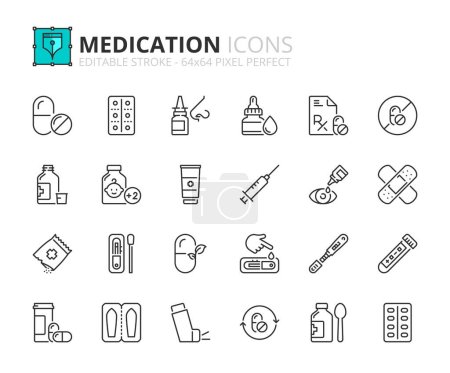 Téléchargez les illustrations : Ligne icônes sur les médicaments. Contient des icônes telles que des pilules, inhalateur, sirop contre la toux et vaccin. Course modifiable vecteur 64x64 pixel parfait - en licence libre de droit