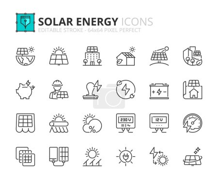 Zeilensymbole über Solarenergie. Enthält Symbole wie Installation, Effizienz, Solarzellen, erneuerbare Energien. Editierbarer Strich Vector 64x64 Pixel perfekt