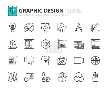 Illustration for Line icons about graphic design. Contains such icons as vector, illustation, web design, and print. Editable stroke Vector 64x64 pixel perfect - Royalty Free Image