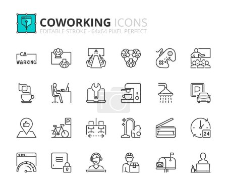 Illustration for Line icons about coworking. Contains such icons as workplace, meeting room, recreation zone and services. Editable stroke Vector 64x64 pixel perfect - Royalty Free Image