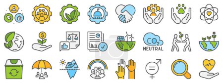 Farbige Zeilensymbole über ESG-Umwelt-, Sozial- und Corporate Governance mit editierbarem Strich.