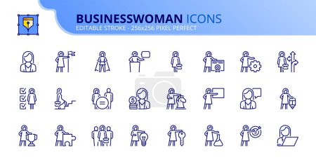 Ilustración de Iconos de línea sobre la mujer de negocios. Contiene iconos como el éxito, las aspiraciones, la carrera y el liderazgo. Carrera editable Vector 256x256 píxeles perfecto - Imagen libre de derechos