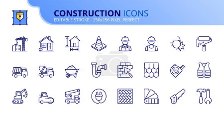 Illustration for Line icons about construction. Contains such icons as architecture, workers, material, tools and construction vehicles. Editable stroke Vector 256x256 pixel perfect - Royalty Free Image