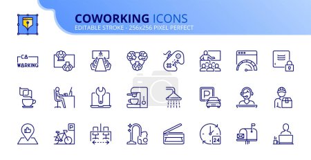 Ilustración de Iconos de línea sobre el coworking. Contiene iconos como lugar de trabajo, sala de reuniones, zona de recreo y servicios. Carrera editable Vector 256x256 píxeles perfecto - Imagen libre de derechos