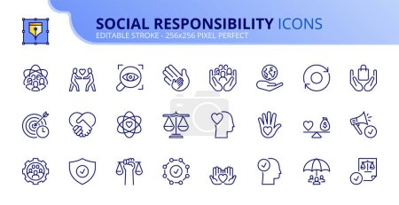 Zeilensymbole über die soziale Verantwortung von Unternehmen. Enthält Symbole wie Grundwerte, Transparenz, Wirkung, ethisches Geschäft und Vertrauen. Editierbarer Strich Vector 256x256 Pixel perfekt