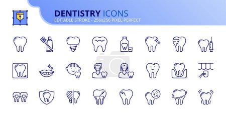 Zeilensymbole über Zahnmedizin und Zahnpflege. Enthält Symbole wie Lächeln, Hygiene, Implantat, Röntgen, Kieferorthopädie und Karies. Editierbarer Strich Vector 256x256 Pixel perfekt
