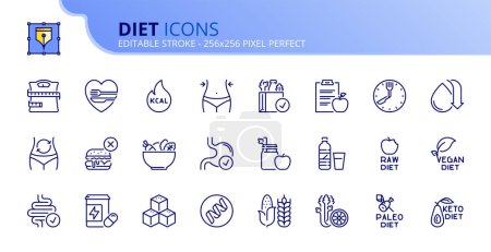 Illustration for Line icons about diet. Contains such icons as healthy food, fat, protein, vegetables, fruit, carbohydrates, and sugar. Editable stroke Vector 256x256 pixel perfect - Royalty Free Image