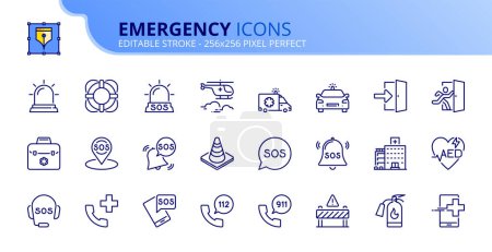 Téléchargez les illustrations : Ligne icônes sur l'urgence. Contient des icônes telles que SOS, urgence, véhicules et appel d'urgence. Course modifiable vecteur 256x256 pixel parfait - en licence libre de droit