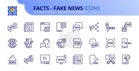Ilustración de Iconos de línea sobre hechos y noticias falsas. Contiene iconos como agencia anti-falsificación, troll, bots sociales y periódico. Carrera editable Vector 256x256 píxeles perfecto - Imagen libre de derechos