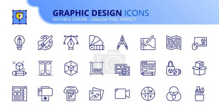 Illustration for Line icons about graphic design. Contains such icons as vector, illustation, web design, and print. Editable stroke Vector 256x256 pixel perfect - Royalty Free Image