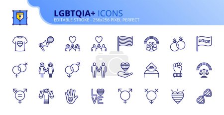 Téléchargez les illustrations : Icônes de ligne sur LGBTQIA +. Contient des icônes telles que l'amour, drapeau lgbt, jour de la fierté et la sexualité et la diversité des sexes. Course modifiable vecteur 256x256 pixel parfait - en licence libre de droit