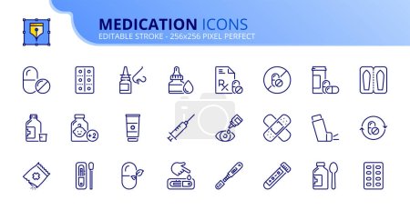 Téléchargez les photos : Ligne icônes sur les médicaments. Contient des icônes telles que des pilules, inhalateur, sirop contre la toux et vaccin. Course modifiable vecteur 256x256 pixel parfait - en image libre de droit
