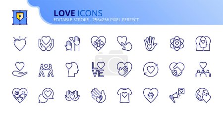 Téléchargez les illustrations : Icônes de ligne sur l'amour. Contient des icônes telles que le don, l'amitié, les soins, la solidarité et les affaires éthiques. Course modifiable vecteur 256x256 pixel parfait - en licence libre de droit