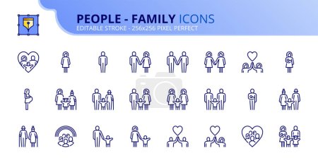 Ligne icônes sur les gens, les types de structures familiales. Contient des icônes telles que sans enfant, famille nucléaire ou parent unique. Course modifiable vecteur 256x256 pixel parfait