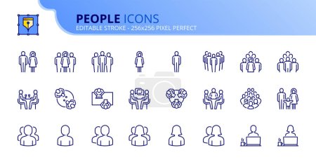 Téléchargez les illustrations : Ligne icônes sur les gens. Contient des icônes telles qu'une personne, des couples et des groupes. Course modifiable vecteur 256x256 pixel parfait - en licence libre de droit