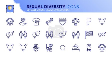 Téléchargez les illustrations : Icônes de ligne sur la diversité sexuelle. Contient des icônes telles que hétéro, gay, lesbienne, bisexuel et lgbtq +. Course modifiable vecteur 256x256 pixel parfait - en licence libre de droit
