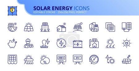 Zeilensymbole über Solarenergie. Enthält Symbole wie Installation, Effizienz, Solarzellen, erneuerbare Energien. Editierbarer Strich Vector 256x256 Pixel perfekt