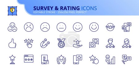 Illustration for Line icons about survey and rating. Contains such icons as referral marketing, customer satisfaction, CRM, feedback and testimonials. Editable stroke Vector 256x256 pixel perfect - Royalty Free Image