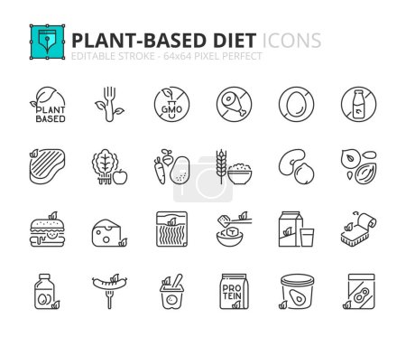 Illustration for Line icons about plant based diet. Contains such icons as vegan products and fruits, vegetables, whole grains legumes and nuts. Editable stroke Vector 64x64 pixel perfect - Royalty Free Image
