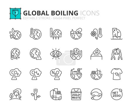 Line icons about era of global boiling. Contains such icons as global warming, net zero and climate action. Editable stroke Vector 64x64 pixel perfect
