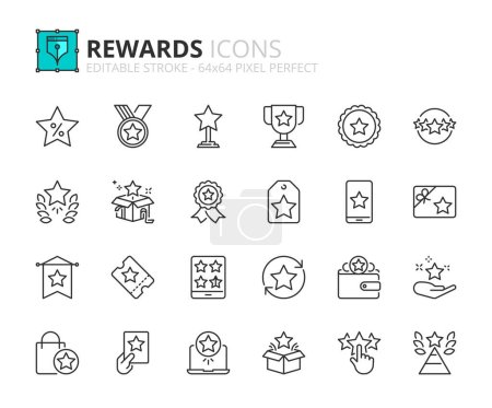 Icônes de ligne sur les récompenses. Contient des icônes telles que bonus, réductions et avantages spéciaux. Course modifiable vecteur 64x64 pixel parfait