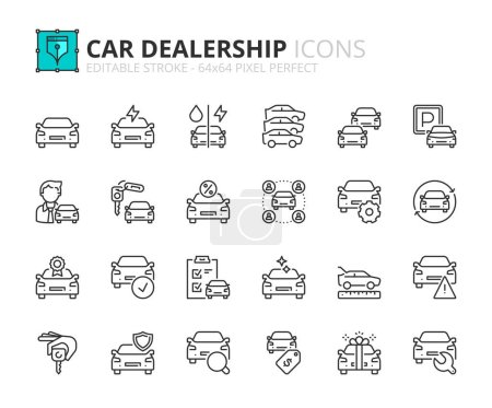 Iconos de línea sobre la concesionaria de automóviles. Contiene iconos tales como ventas, alquiler, comparativas, características del vehículo y mantenimiento. Carrera editable Vector 64x64 pixel perfecto