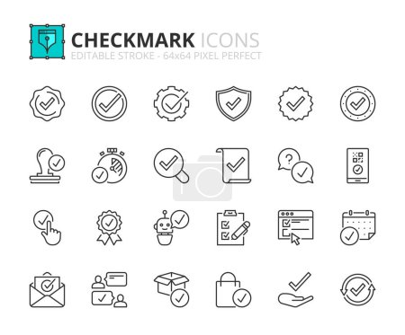 Line icons about checkmark. Contains such icons as checked, approved, certified, accepted and validation. Editable stroke Vector 64x64 pixel perfect