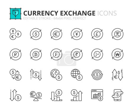 Illustration for Line icons about currency exchange. Contains such icons as track exchange rate, dollar, euro, yen and pound symbol.. Editable stroke Vector 64x64 pixel perfect - Royalty Free Image