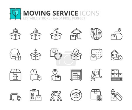 Illustration for Line icons about moving service. Contains such icons as packing, loading, household, corporate and office moving. Editable stroke Vector 64x64 pixel perfect - Royalty Free Image