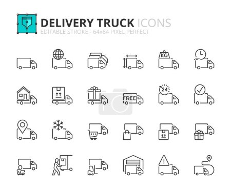 Téléchargez les illustrations : Icônes de ligne sur camion de livraison. Contient des icônes telles que les services logistiques, incident d'expédition, chargement et déchargement. Course modifiable vecteur 64x64 pixel parfait - en licence libre de droit