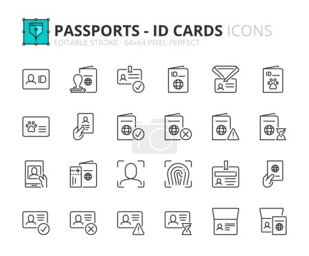 Téléchargez les illustrations : Icônes de ligne sur passeport et carte d'identité. Contient des icônes telles que l'identification personnelle, traqueur d'animaux et visa approuvé. Course modifiable vecteur 64x64 pixel parfait - en licence libre de droit
