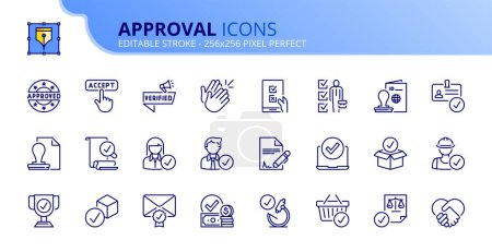 Illustration for Line icons about approval. Contains such icons as checked, approved, certified, accepted and validation. Editable stroke Vector 256x256 pixel perfect - Royalty Free Image