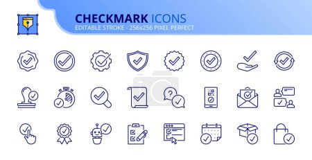 Line icons about checkmark. Contains such icons as checked, approved, certified, accepted and validation. Editable stroke Vector 256x256 pixel perfect