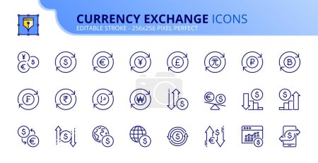 Illustration for Line icons about currency exchange. Contains such icons as track exchange rate, dollar, euro, yen and pound symbol. Editable stroke Vector 256x256 pixel perfect - Royalty Free Image