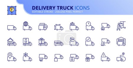Illustration for Line icons about delivery truck. Contains such icons as logistics services, shipping incident, loading and unloading. Editable stroke. Vector 256x256 pixel perfect. - Royalty Free Image