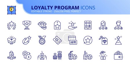 Illustration for Line icons about loyalty program. Contains such icons as rewards, bonus and special benefits. Editable stroke Vector 256x256 pixel perfect - Royalty Free Image