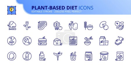 Icônes de ligne sur le régime alimentaire à base de plantes. Contient des icônes telles que les produits végétaliens et les fruits, légumes, légumineuses à grains entiers et noix. Course modifiable vecteur 256x256 pixel parfait