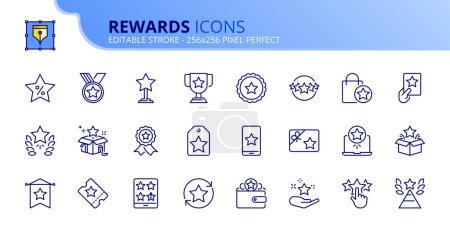 Icônes de ligne sur les récompenses. Contient des icônes telles que bonus, réductions et avantages spéciaux. Course modifiable vecteur 256x256 pixel parfait