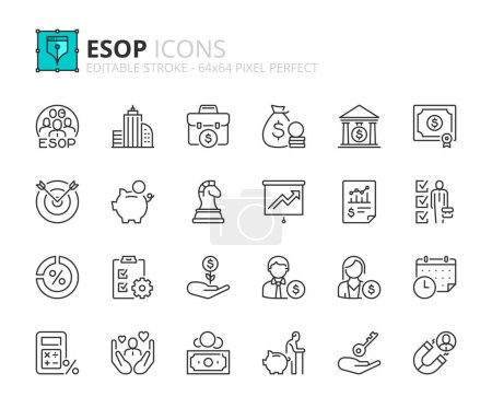 Téléchargez les illustrations : Icônes de ligne sur le plan d'actionnariat salarié ESOP. Contient des icônes telles que l'entreprise, gagnant-gagnant, schéma et avantages. Course modifiable vecteur 64x64 pixel parfait - en licence libre de droit
