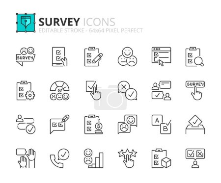 Line icons about survey. Contains such icons as poll, data analysis, customers loyalty, feedback, and rating. Editable stroke Vector 64x64 pixel perfect