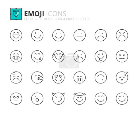 Ilustración de Iconos de línea sobre emoji. Contiene iconos como la expresión facial, la escala de satisfacción y las emociones sobre feliz, divertido, triste, enojado. Carrera editable Vector 64x64 pixel perfecto - Imagen libre de derechos