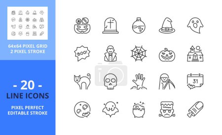 Téléchargez les illustrations : Icônes de ligne sur Halloween. Contient des icônes comme trick or treat, citrouille, potions, maison hantée et monstres. Course modifiable. Vecteur - grille parfaite de 64 pixels - en licence libre de droit