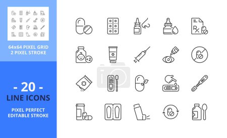 Illustration for Line icons about medication. Contains such icons as pills, inhaler, cough syrup and vaccine. Editable stroke. Vector - 64 pixel perfect grid - Royalty Free Image