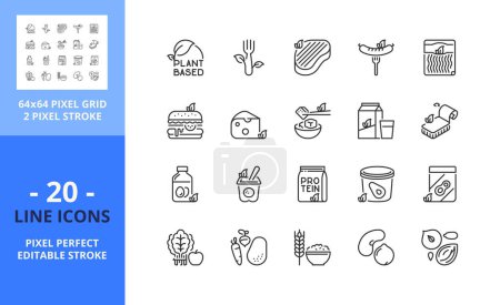 Ilustración de Iconos de línea sobre la dieta a base de plantas. Contiene iconos como productos veganos y frutas, verduras, legumbres de granos enteros y frutos secos. Un derrame cerebral. Vector - 64 píxeles cuadrícula perfecta - Imagen libre de derechos