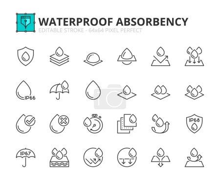 Illustration for Line icons about waterproof and absorbency. Contains such icons as water repellent, permeable, hydrophobic coating and absorbing levels.  Editable stroke Vector 64x64 pixel perfect - Royalty Free Image